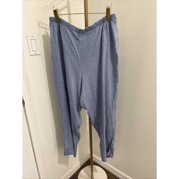 FLAX 100% Linen Lagenlook Wide Leg Elastic Pull On Waist Pants Size Large Blue - Picture 1 of 5